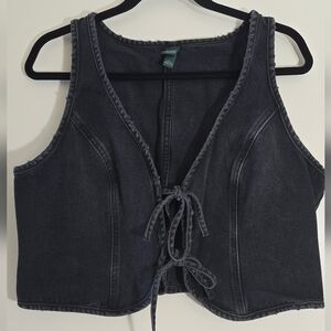 Black Washed Denim Tie Front Cropped Vest 100% Cotton Size Large